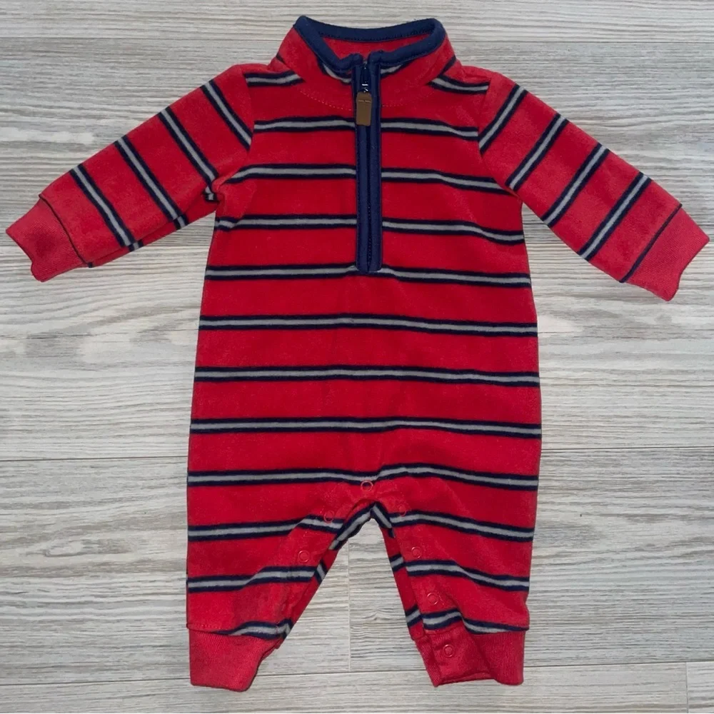 Carter’s Baby Boys 1PC Fleece Romper 3M Red & Gray Striped Quarter Zip